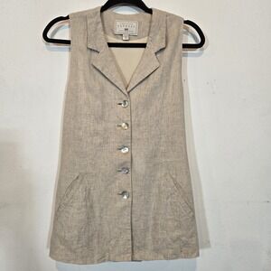 Vtg 90s Long Linen Look Express Vest Tie Back Cinch Waist Size XS